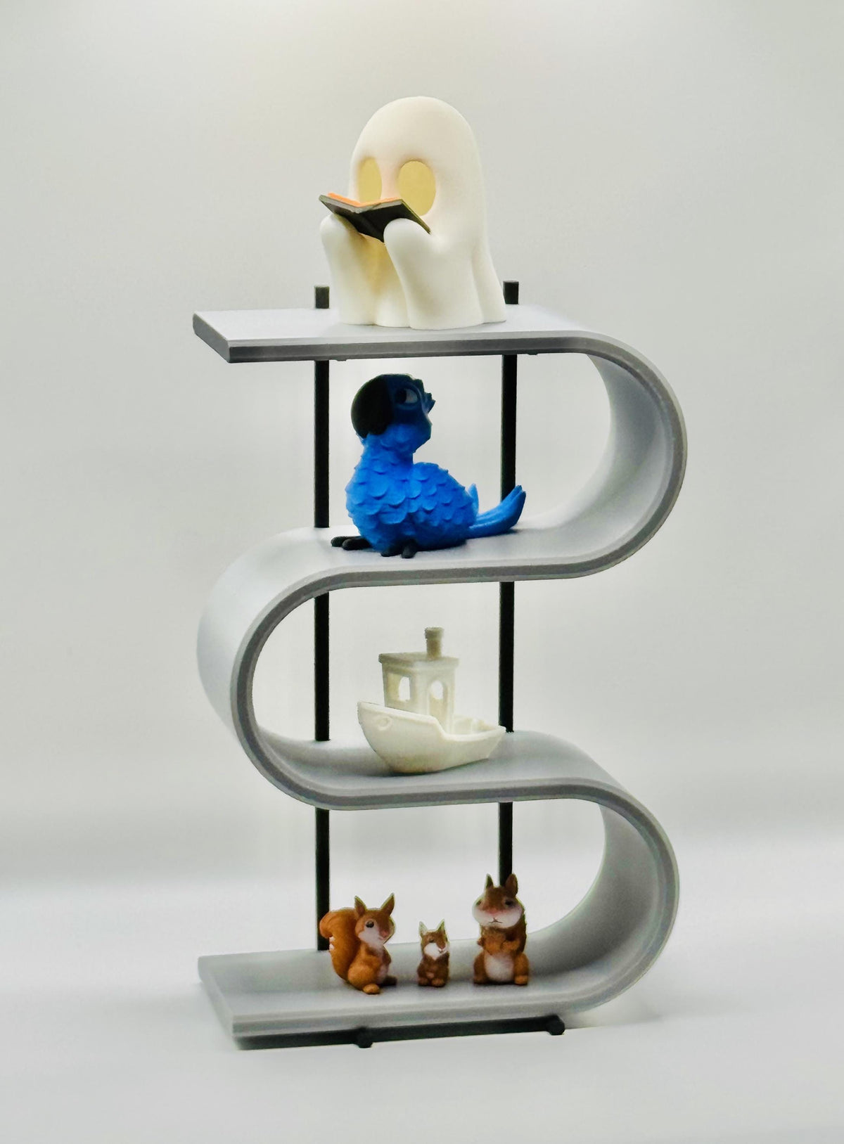 Curved four-tier 3D printed display shelf — view 3
