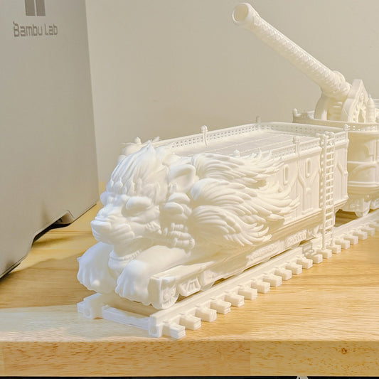 White PLA print of an armoured war train with a lion-head engine and a mounted cannon